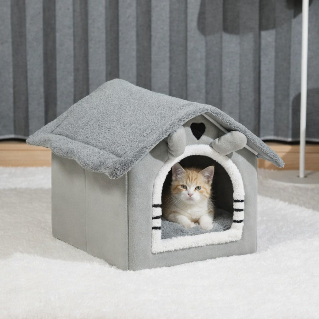 grijs pluche kattenhuisje met zacht kussen huisvormig kattenbed voor kat of kleine hond