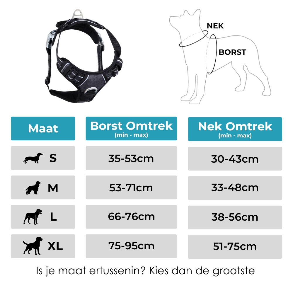 Maat‑keuzegids anti‑trek hondentuigje – S 35‑50 cm tot XL 75 ‑ 95cm – geschikt voor diverse rassen”