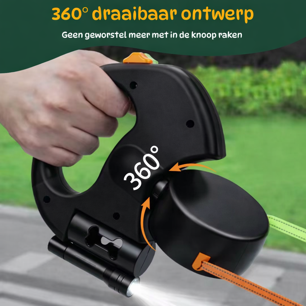 Zwarte multifunctionele hondenriem met ergonomisch handvat en 360 graden draaibaar ontwerp, vastgehouden in de hand tijdens het uitlaten. De roterende lijn voorkomt dat de riemen in de knoop raken en zorgt voor soepel wandelen.