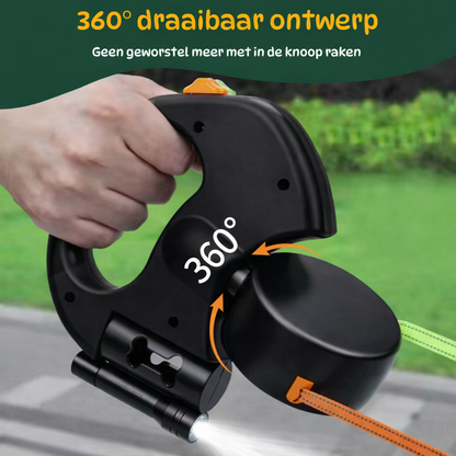 Zwarte multifunctionele hondenriem met ergonomisch handvat en 360 graden draaibaar ontwerp, vastgehouden in de hand tijdens het uitlaten. De roterende lijn voorkomt dat de riemen in de knoop raken en zorgt voor soepel wandelen.