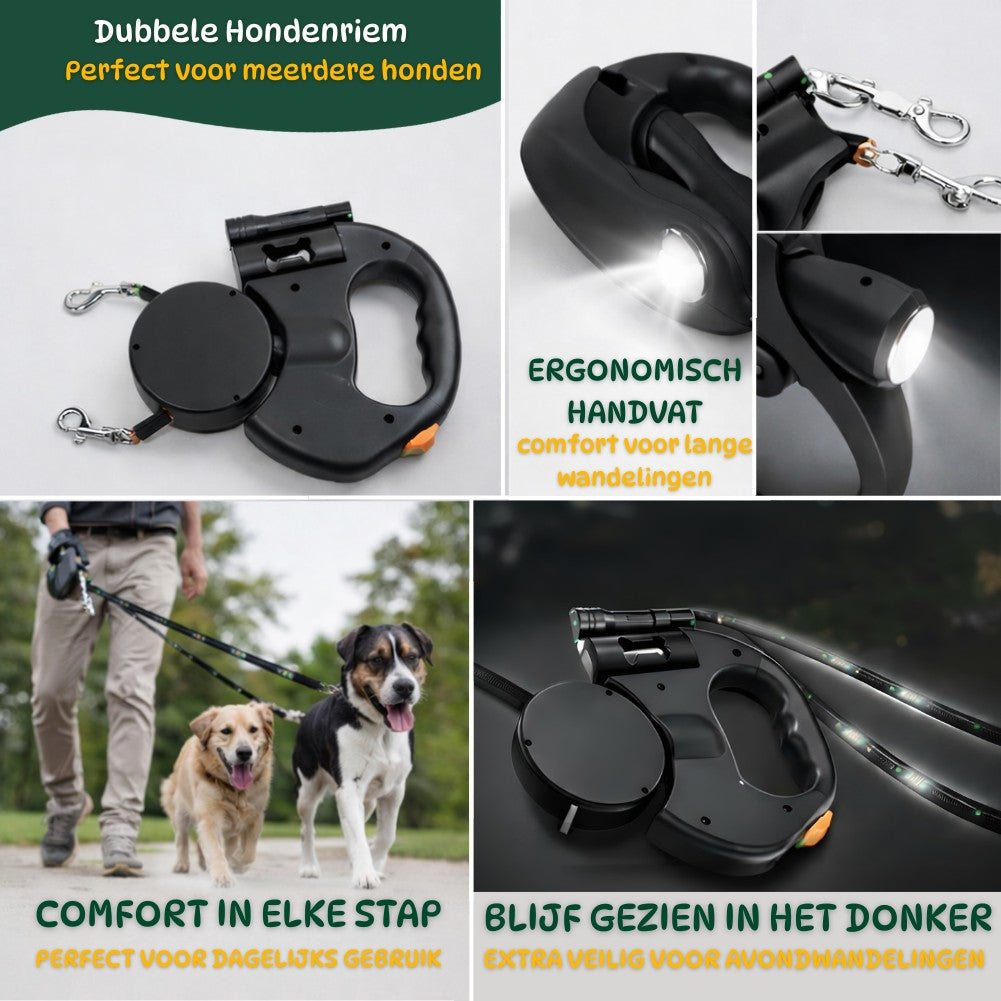 Dubbele hondenriem met zaklamp op wandelpad met twee honden voor veilig en comfortabel uitlaten