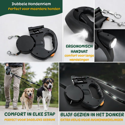 Dubbele hondenriem met zaklamp op wandelpad met twee honden voor veilig en comfortabel uitlaten