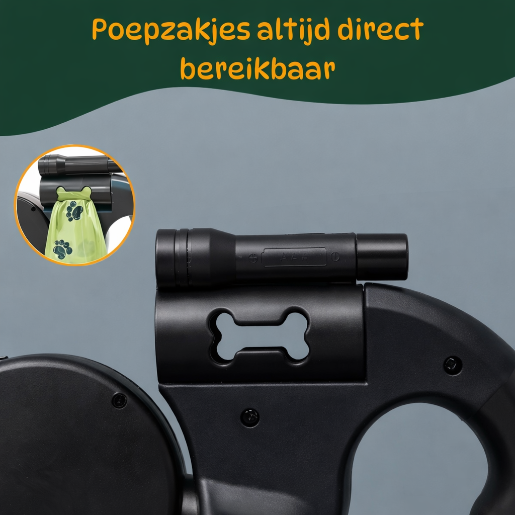 Poepzakjes houder geïntegreerd in hondenriem voor direct gebruik tijdens het uitlaten