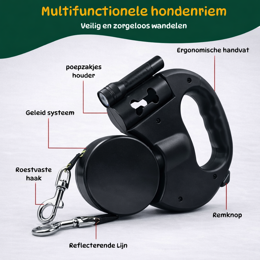 Multifunctionele hondenriem met ingebouwde zaklamp en poepzakjes houder