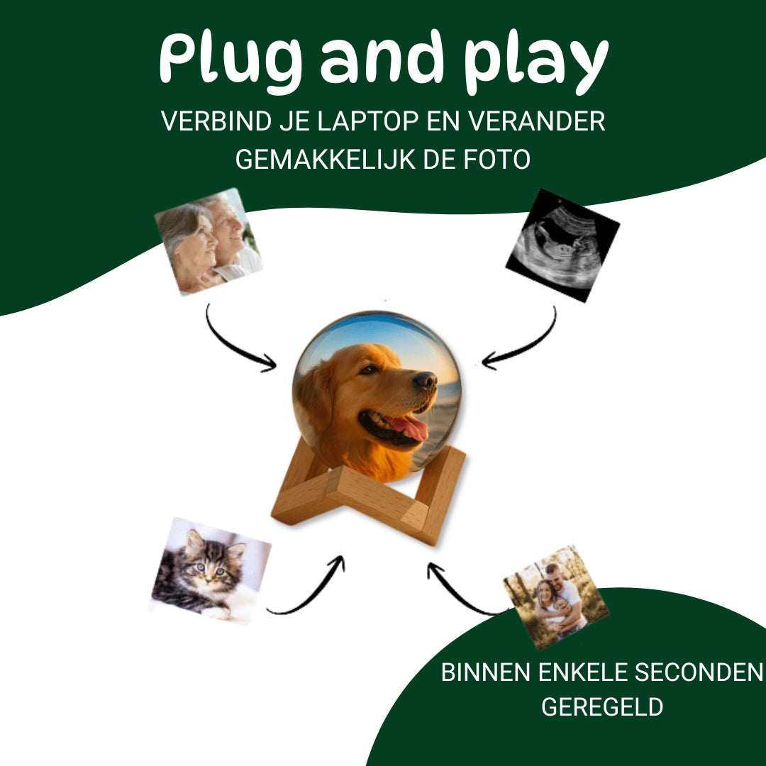 GlowMemory glazen fotobol op houten standaard met verwisselbare foto's – plug & play systeem voor persoonlijke herinneringen