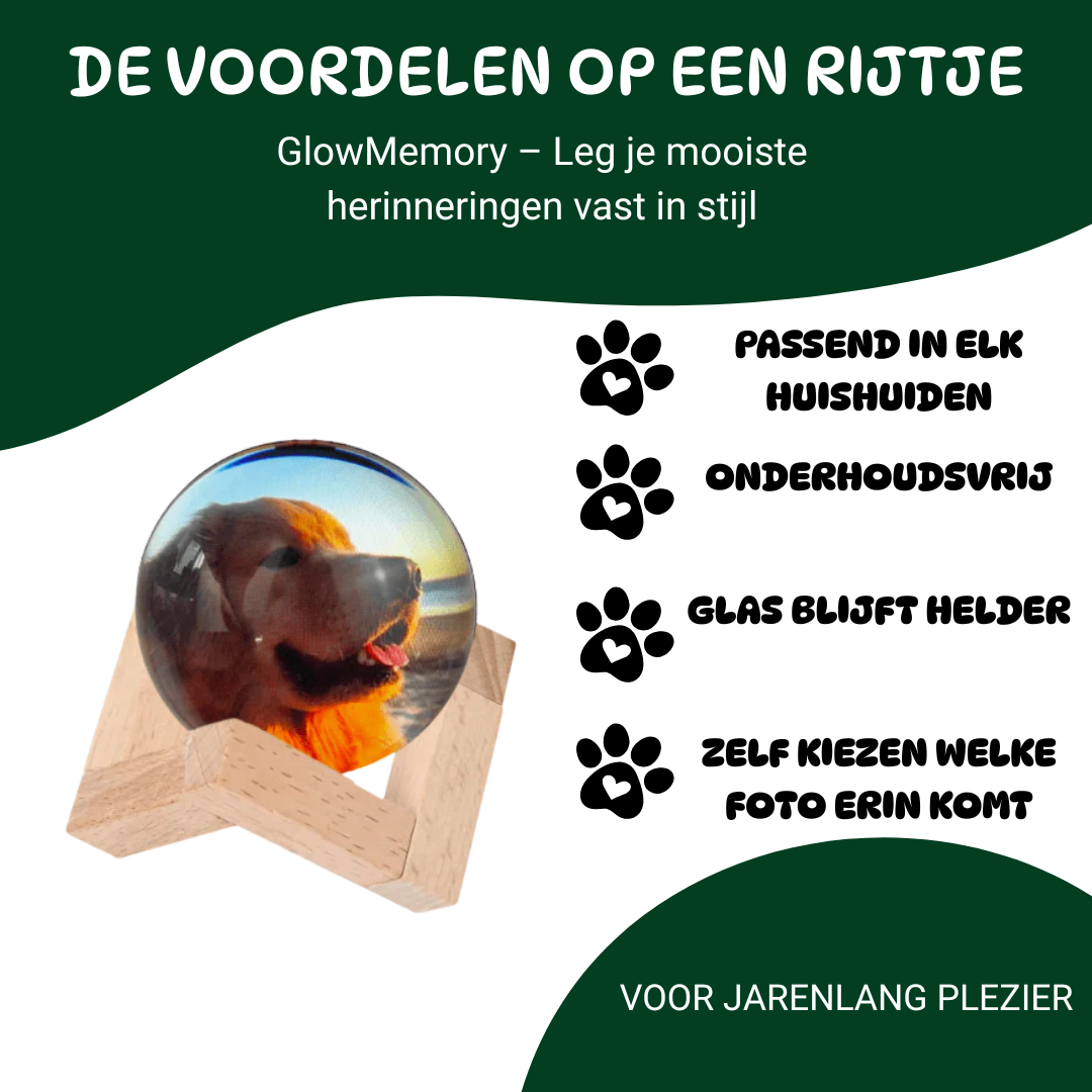 GlowMemory glazen bol met foto van een hond op houten standaard – gepersonaliseerd herinneringscadeau met heldere glasafwerking