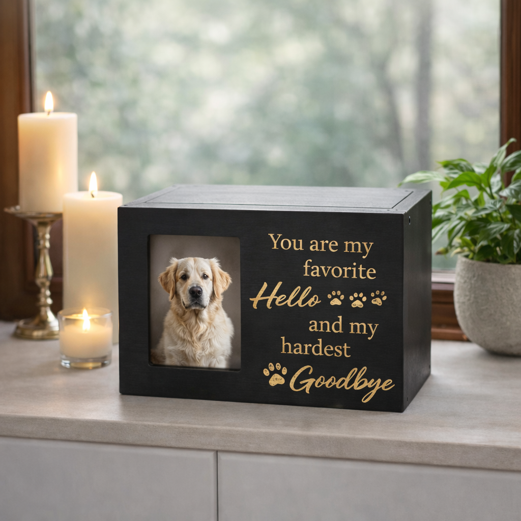 Zwarte houten hondenurn op een vensterbank met zacht daglicht en kaars, liefdevolle herinnering aan een trouwe hond