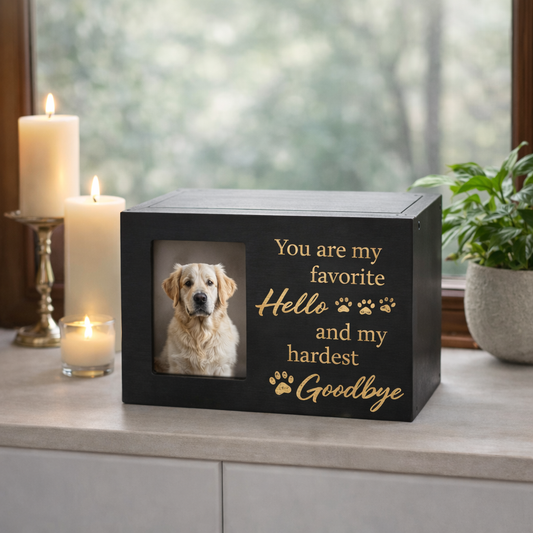 Zwarte houten hondenurn op een vensterbank met zacht daglicht en kaars, liefdevolle herinnering aan een trouwe hond