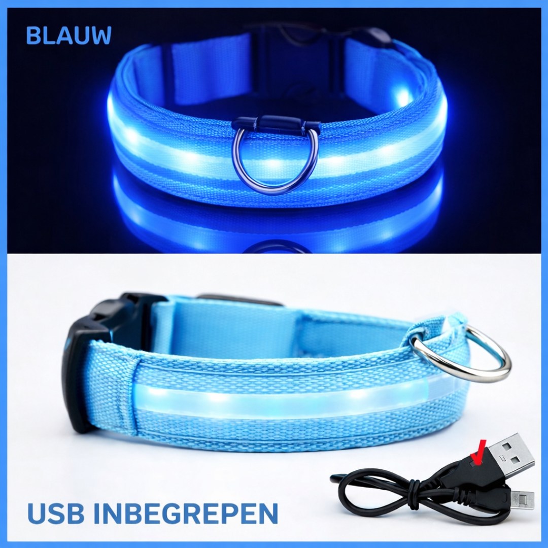 Blauwe LED halsband voor honden met USB kabel inbegrepen