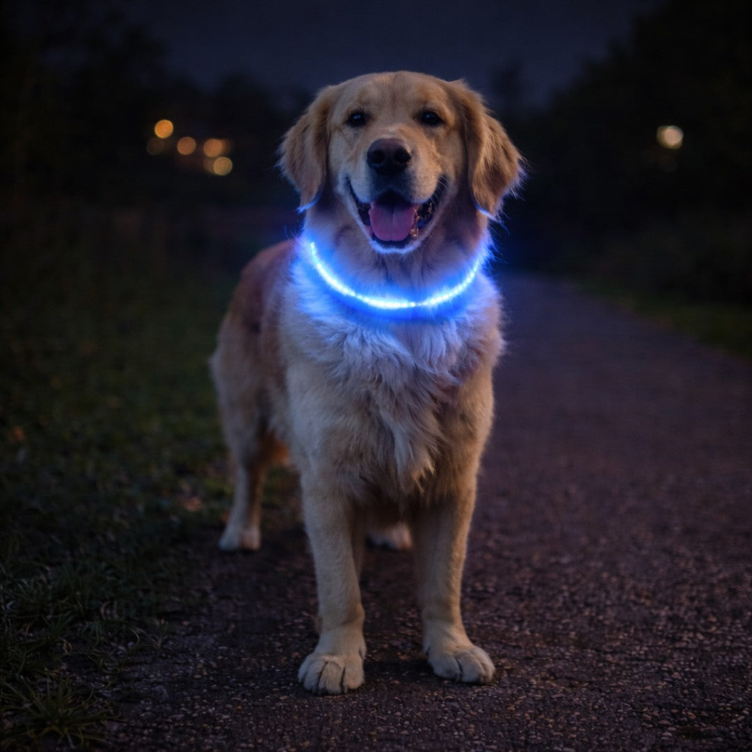 Hond met LED halsband duidelijk zichtbaar in het donker