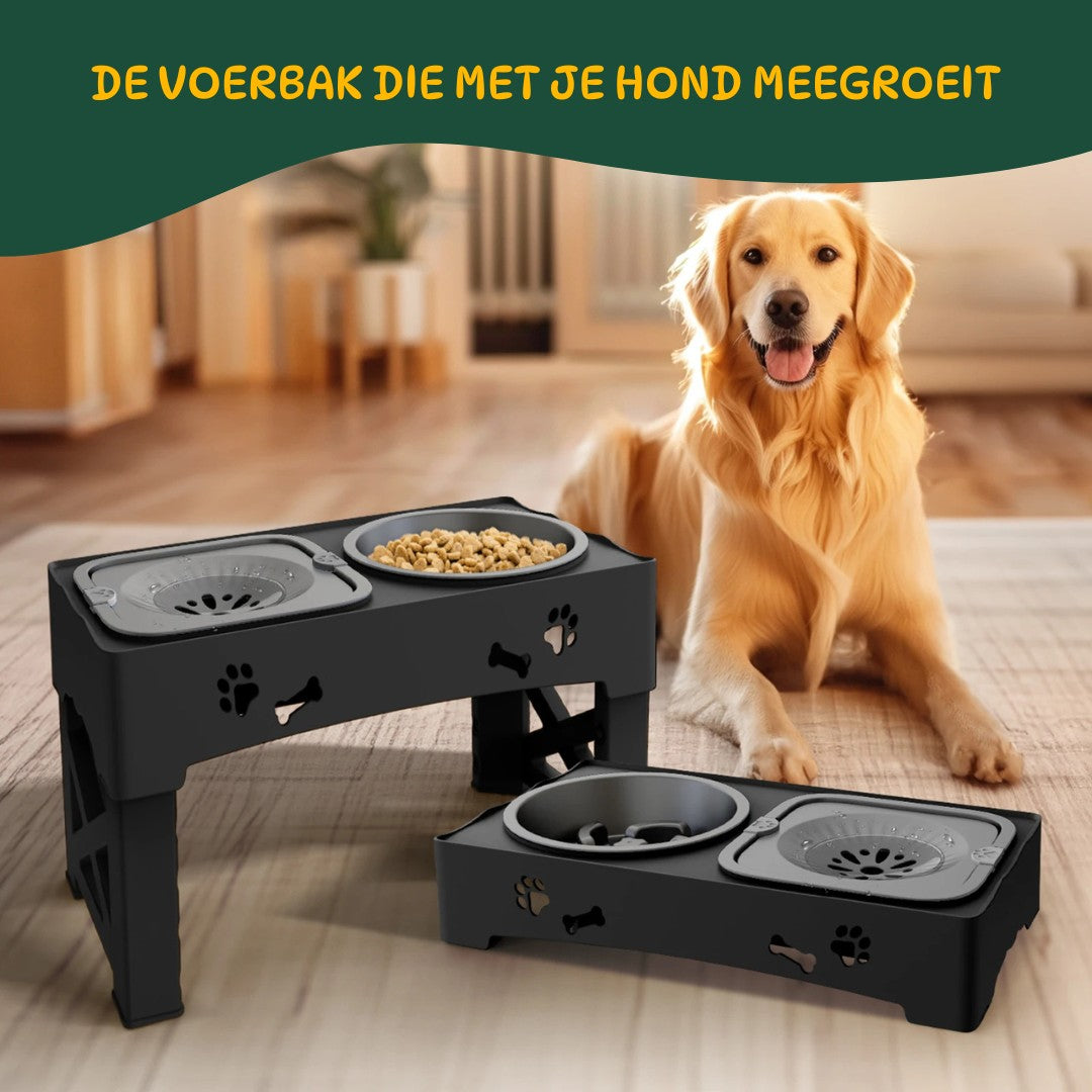 PetRaise_Deluxe_De_voerbak_die_met_je_hond_meegroeit zo kan je het voerstation in verschillende hoogtes verstellen zodat je pup 5 jaar later nog uit dezelfde voerbak kan eten als vroeger