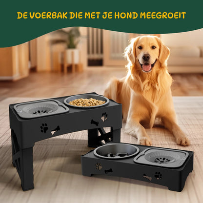 PetRaise_Deluxe_De_voerbak_die_met_je_hond_meegroeit zo kan je het voerstation in verschillende hoogtes verstellen zodat je pup 5 jaar later nog uit dezelfde voerbak kan eten als vroeger