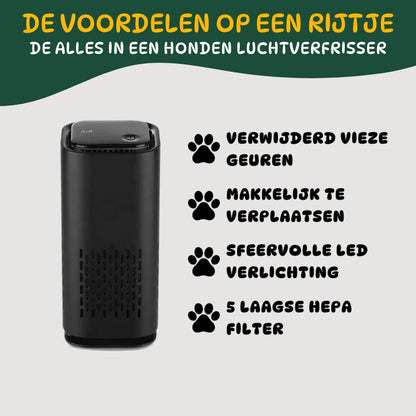 Hondenluchtverfrisser met HEPA-filter en LED-verlichting die vieze hondengeuren verwijdert en eenvoudig te verplaatsen is.