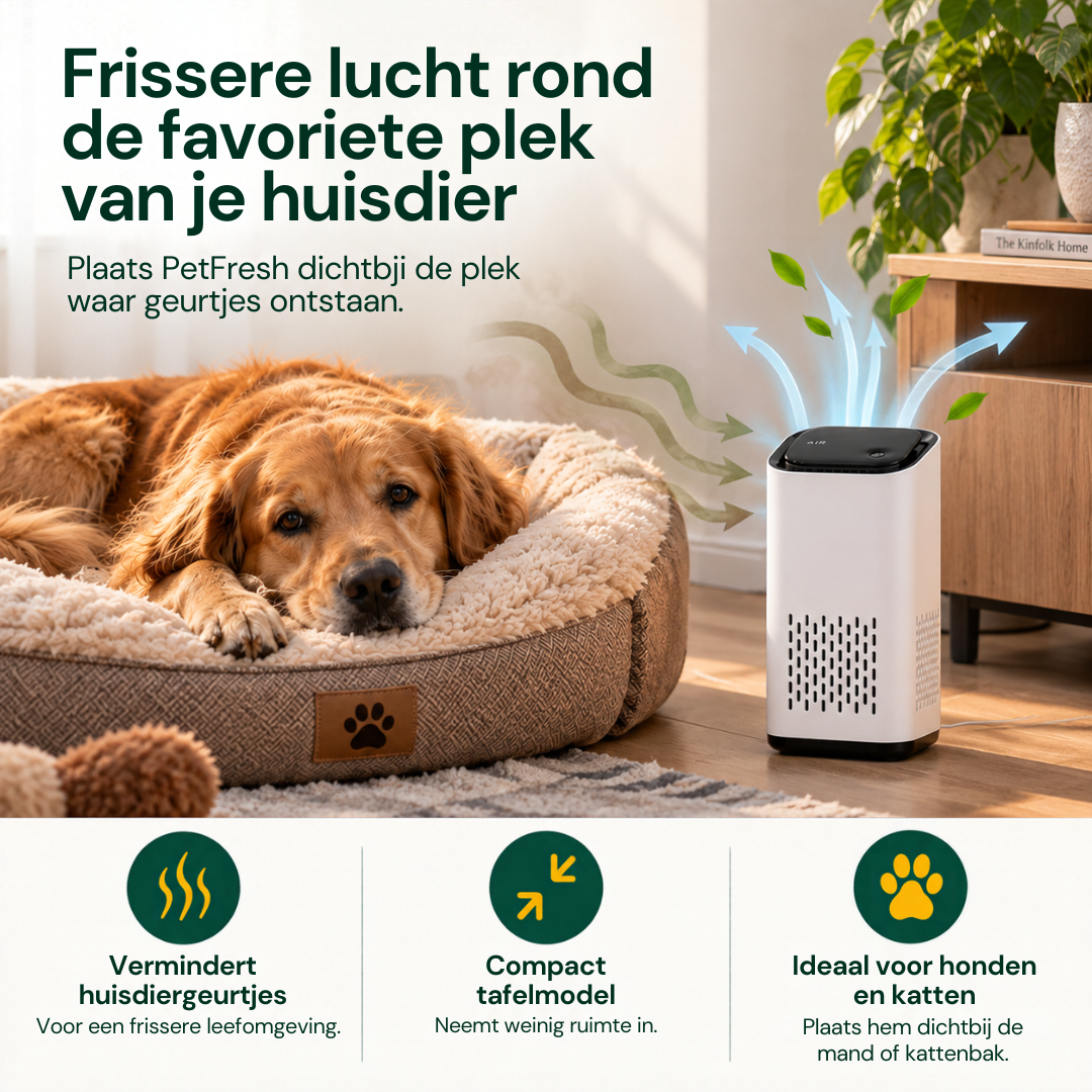PetFresh luchtreiniger voor honden en katten bij de mand voor minder huisdiergeurtjes en frissere lucht