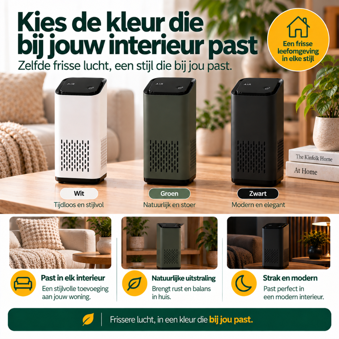 PetFresh luchtreiniger voor huisdieren in wit, groen en zwart voor verschillende interieurstijlen