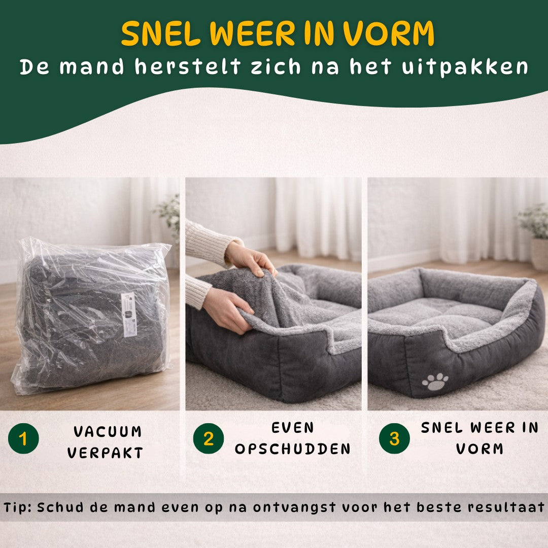 zachte hondenmand vacuum verpakt geleverd en na uitpakken weer volledig in vorm
