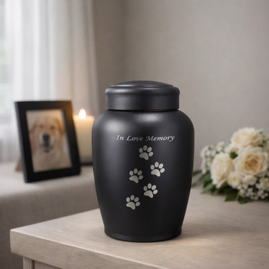 zwarte hondenurn met zilveren pootafdrukken en tekst In Love Memory op houten tafel met kaars en bloemen rustige herdenkingsplek