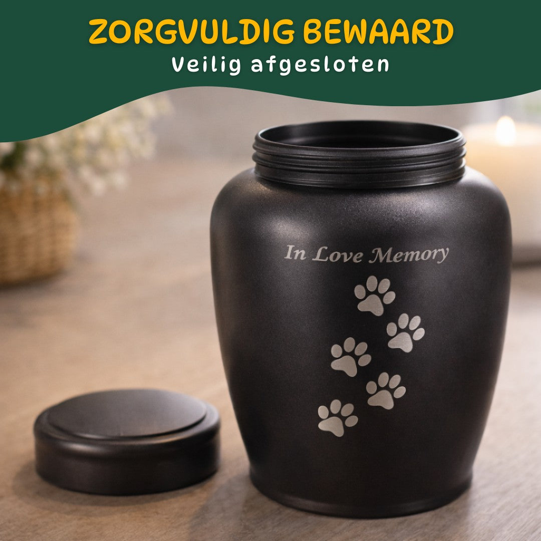 zwarte hondenurn met los schroefdeksel en opening zichtbaar stevige metalen urn voor hondenherinnering