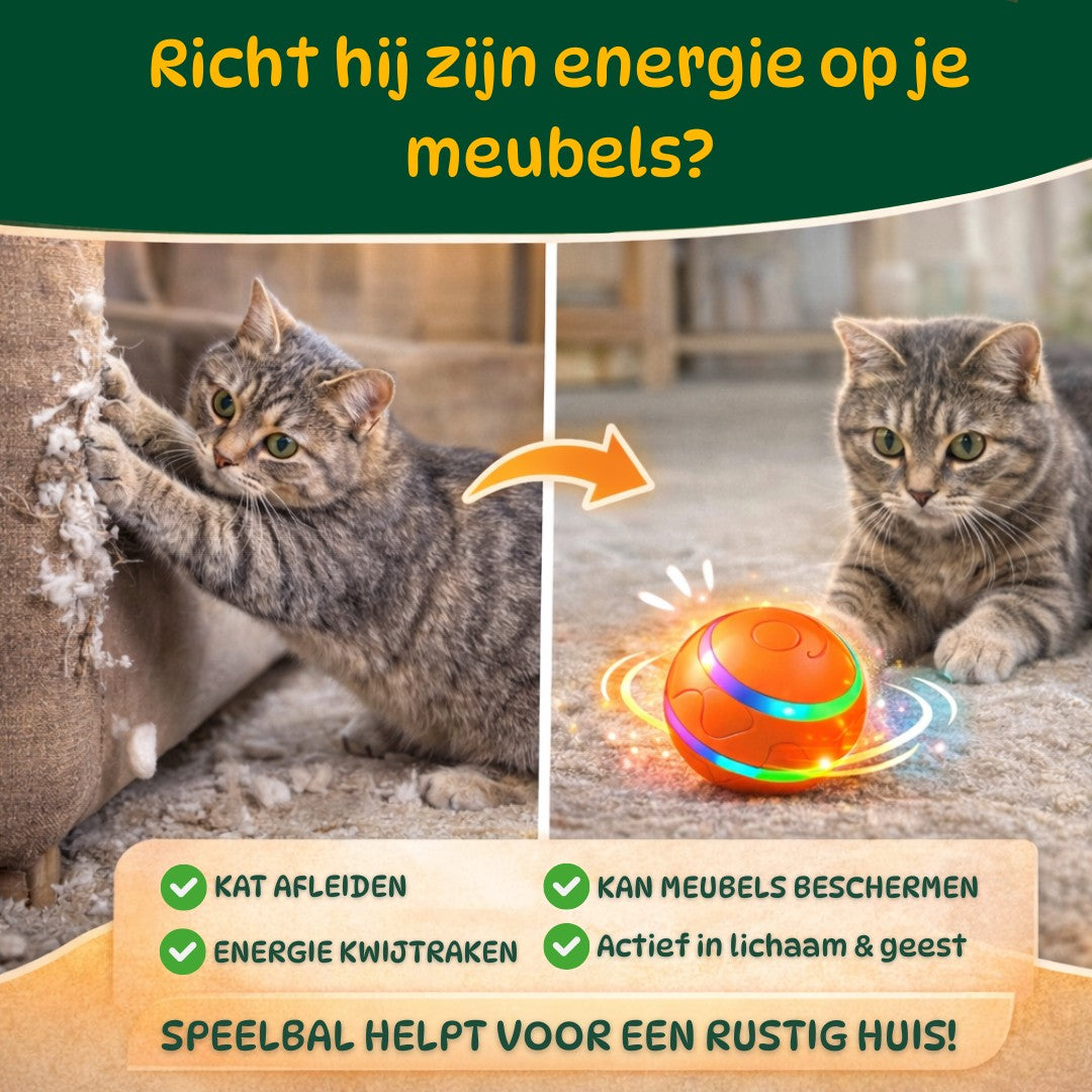 Kat die meubels beschadigt tegenover kat die speelt met een automatische LED speelbal, waardoor energie wordt afgevoerd en meubels beschermd blijven.