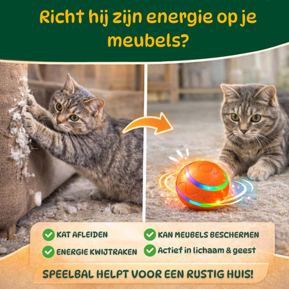 Kat die meubels beschadigt tegenover kat die speelt met een automatische LED speelbal, waardoor energie wordt afgevoerd en meubels beschermd blijven.