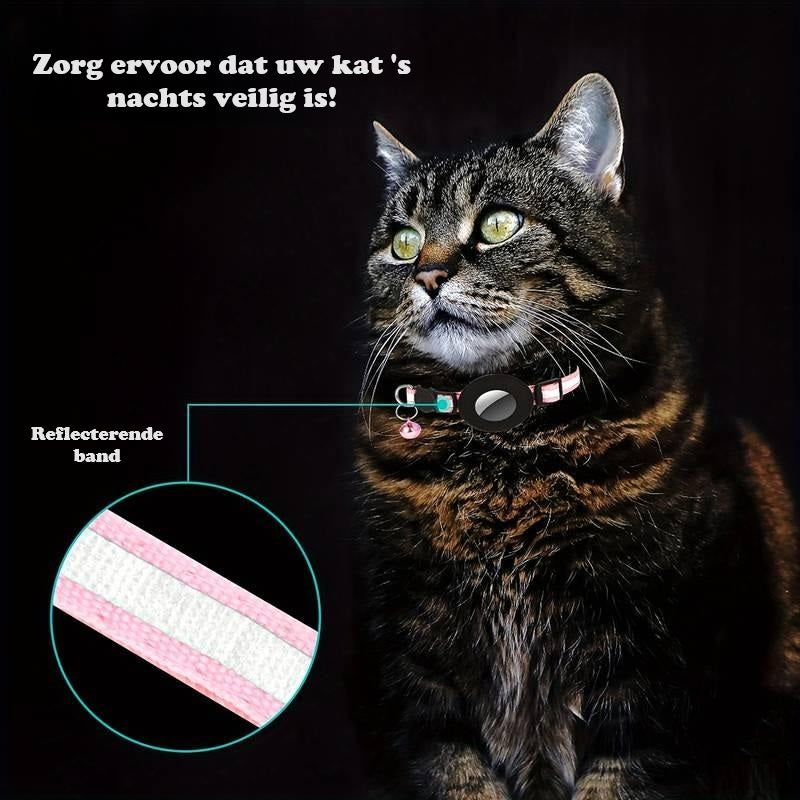 Roze reflecterende AirTag kattenhalsband met bel en veiligheidssluiting