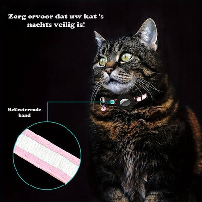Roze reflecterende AirTag kattenhalsband met bel en veiligheidssluiting