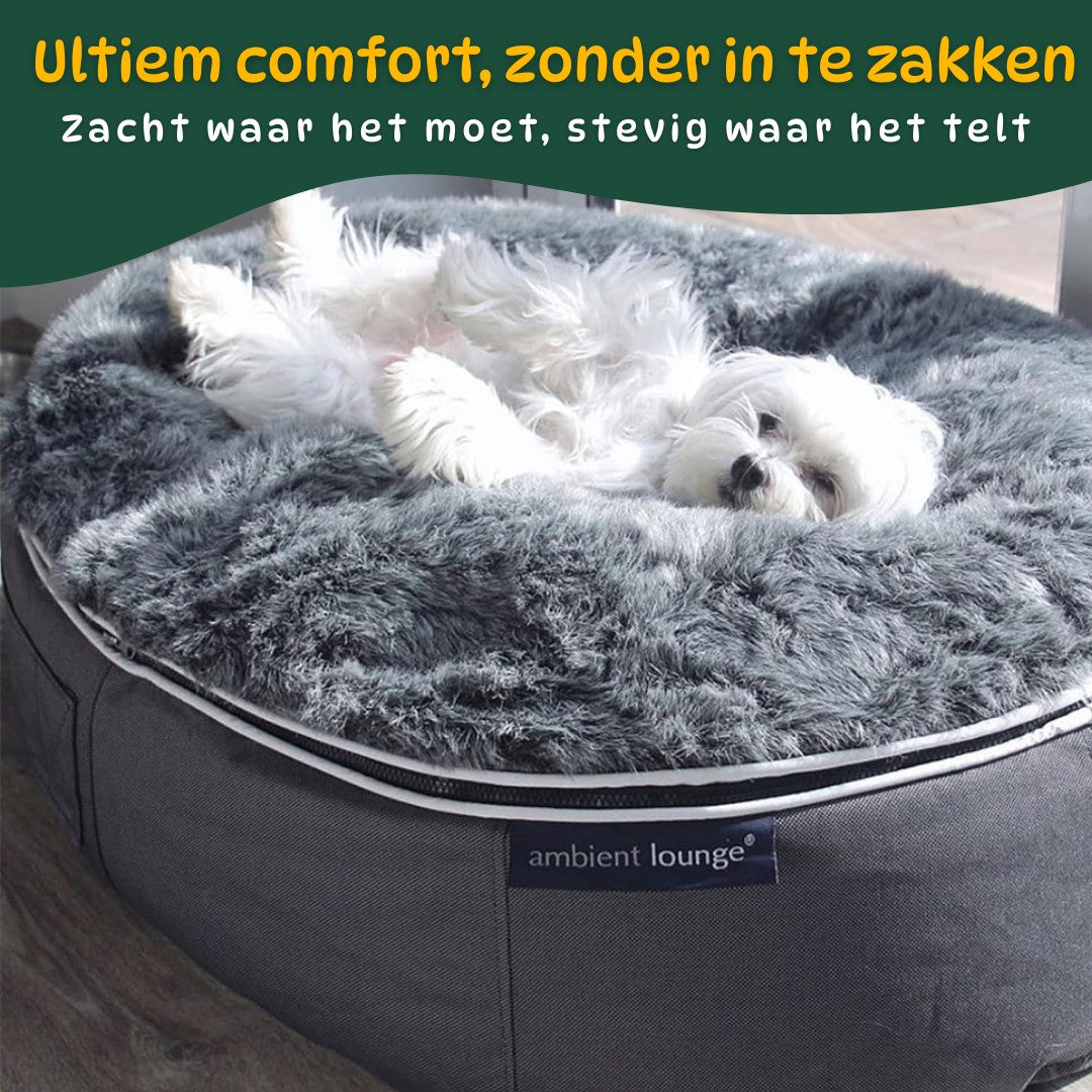 hondenmand maat en formaat overzicht ronde mand geschikt voor middelgrote hond thuis met witte hond