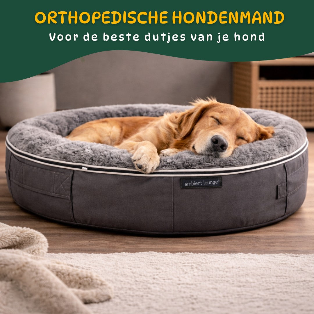 orthopedische hondenmand grijs ronde vorm hond slaapt diepe rust comfortabel thuis