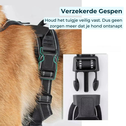 Detail van het anti-trek hondentuigje met versterkte, ontsnappingsproof gespen – extra veiligheid voor elke hond