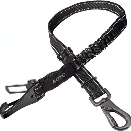 Verstelbare zwarte honden autogordel met elastische schokabsorptie en metalen veiligheidshaken.