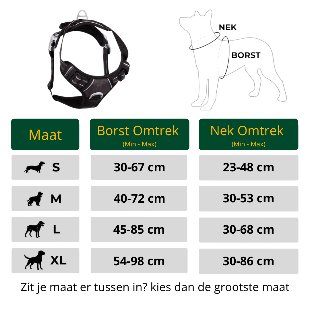 Maat‑keuzegids anti‑trek hondentuigje – S 30‑67 cm tot XL 54 ‑ 98cm – geschikt voor diverse rassen”