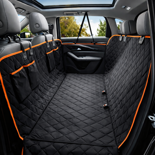 Zwarte hondendeken voor de auto met oranje accenten, beschermende zijkanten en luxe quilt design.