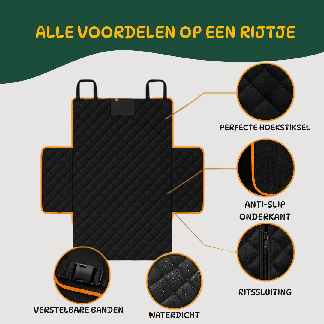 Overzicht van alle voordelen van de waterdichte hondendeken voor de auto, inclusief antislip, ritssluiting en verstelbare banden