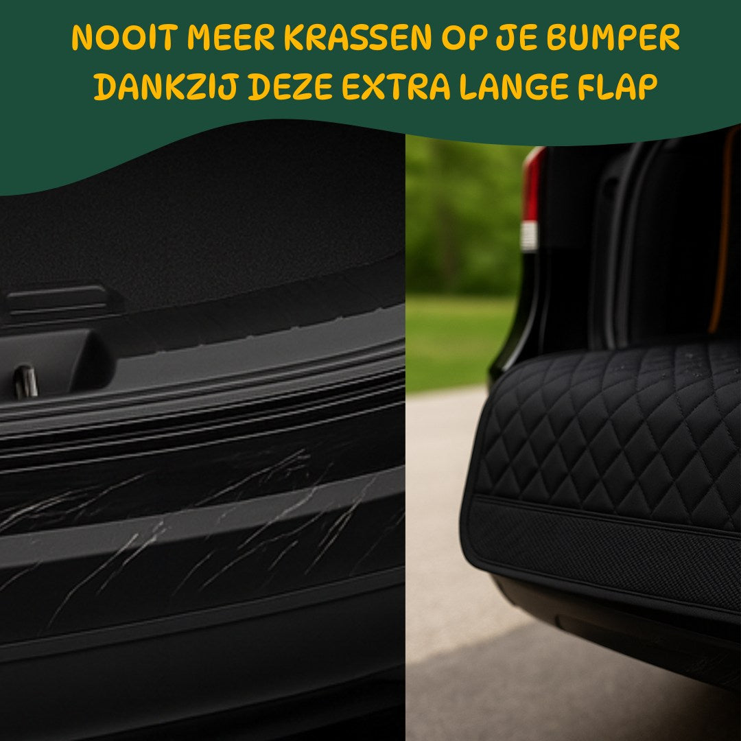 Voorbeeld van bumperkrassen vóór en ná gebruik van een hondendeken met extra lange beschermflap.