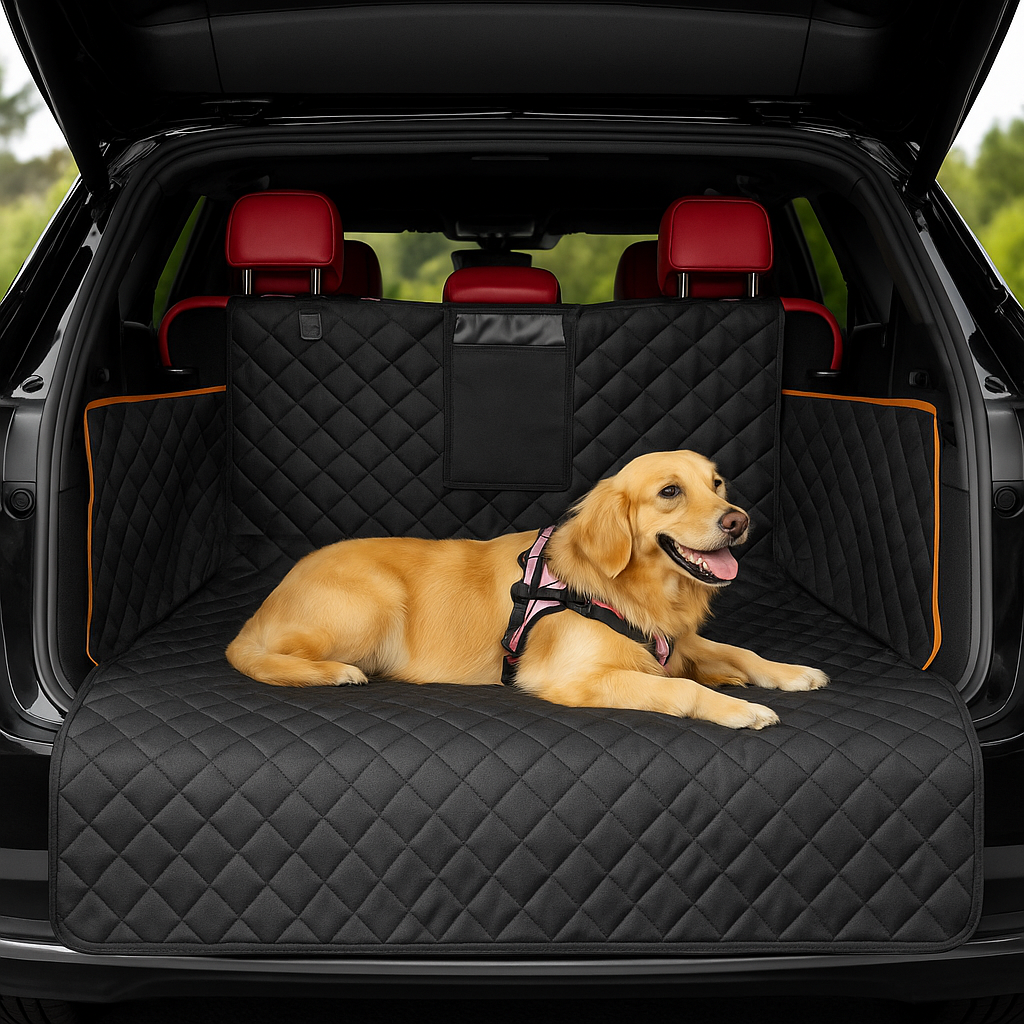 Luxe zwarte hondendeken voor de auto in de kofferbak, met comfortabele quiltlaag en hond erop.