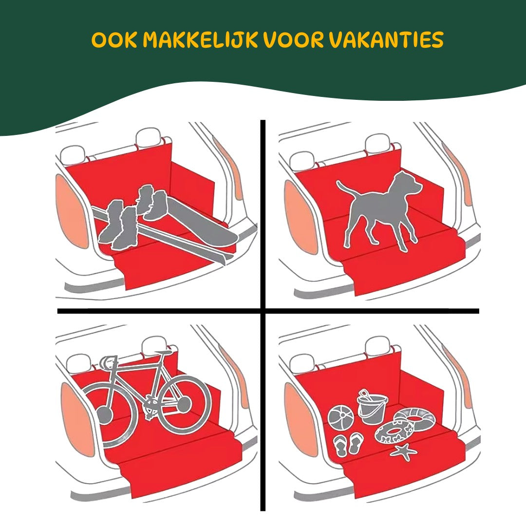 Illustratie van de multifunctionele hondendeken voor de auto, geschikt voor vakanties, bagage, honden en fietsen.