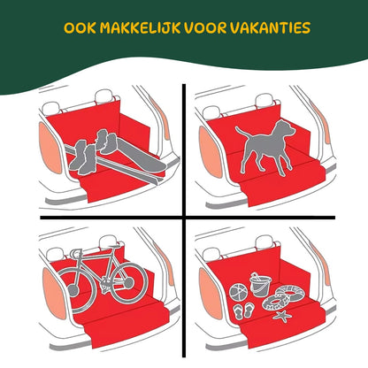 Illustratie van de multifunctionele hondendeken voor de auto, geschikt voor vakanties, bagage, honden en fietsen.