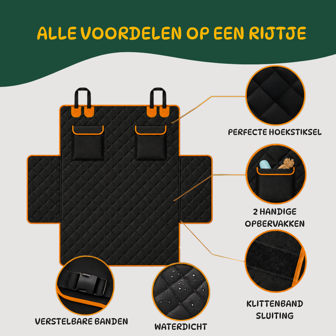 Overzicht van alle voordelen van de waterdichte hondendeken voor de auto, inclusief antislip, ritssluiting en verstelbare banden