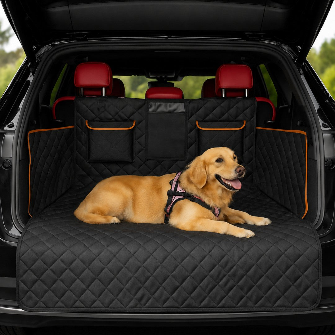 Luxe zwarte hondendeken voor de auto in de kofferbak, met comfortabele quiltlaag en hond erop.