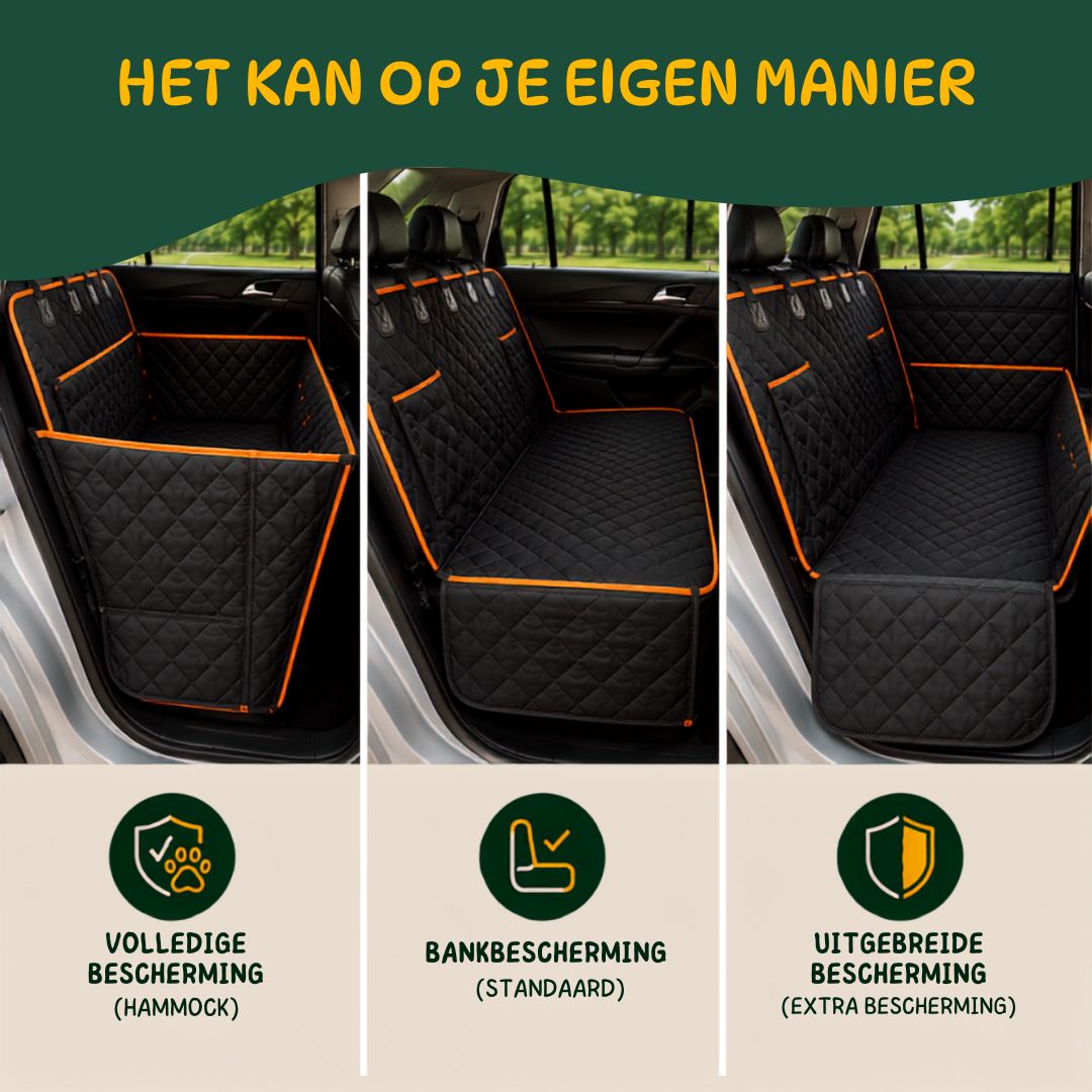 Hondendeken voor de achterbank van de auto met drie verschillende opstellingen voor volledige, standaard of extra bescherming.