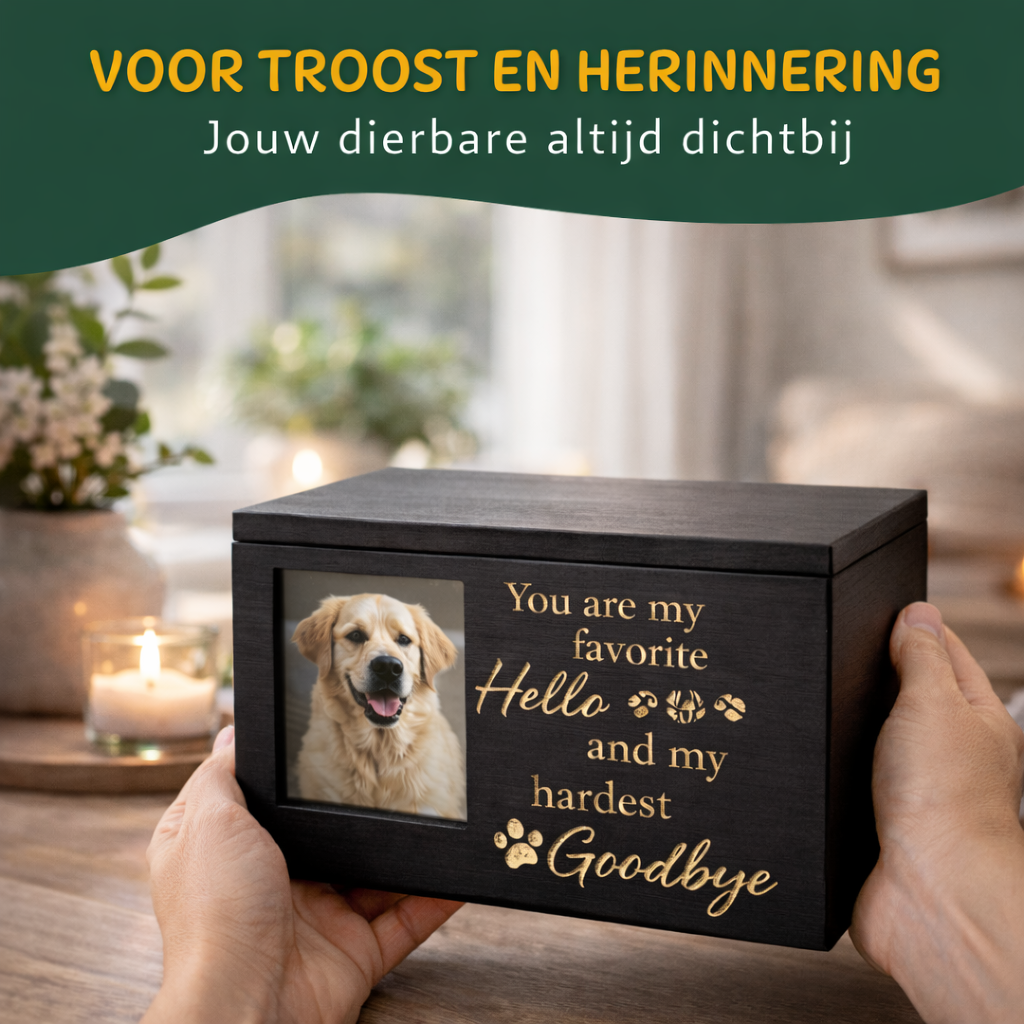 Zwarte hondenurn met fotovak en gouden tekst, rustig vastgehouden als troostende en blijvende herinnering aan een geliefde hond