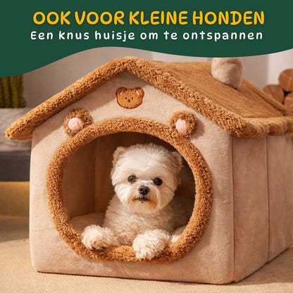 pluche huisje voor katten en kleine honden met hond in opening