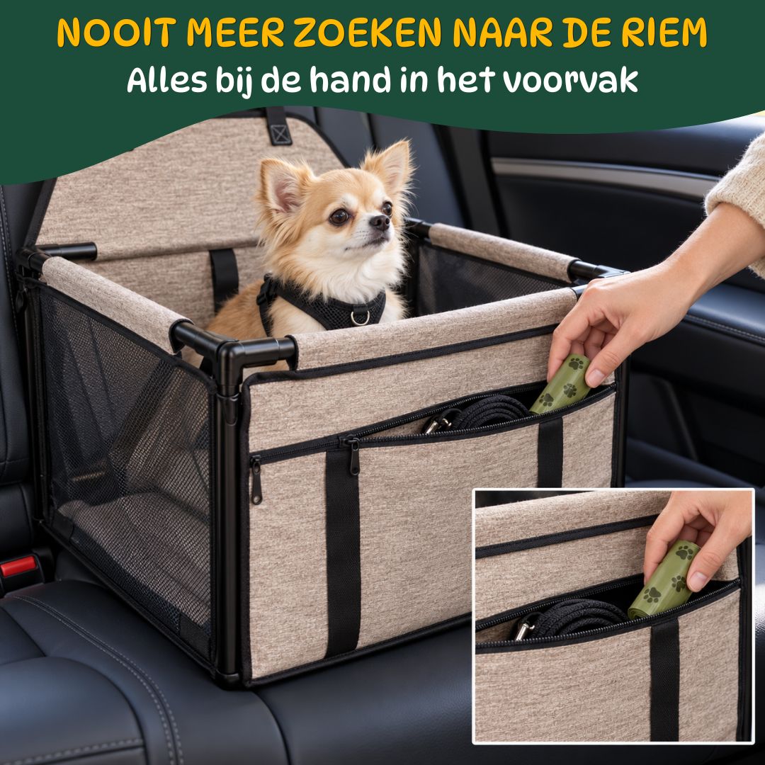 Hand stopt poepzakjes en riem in het voorvak van de taupe PetRide autostoel voor honden