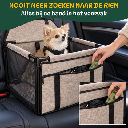 Hand stopt poepzakjes en riem in het voorvak van de taupe PetRide autostoel voor honden