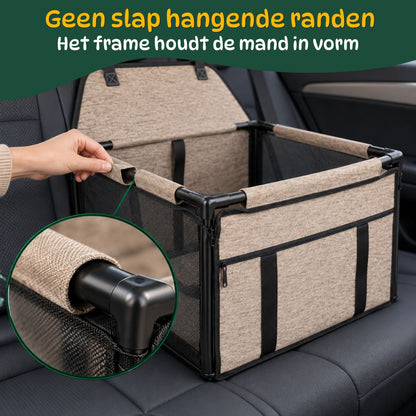 Taupekleurige PetRide-autostoel met uitvergroot detail van het zwarte PVC-frame.