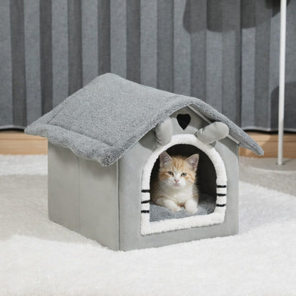 grijs pluche kattenhuisje met zacht kussen huisvormig kattenbed voor kat of kleine hond