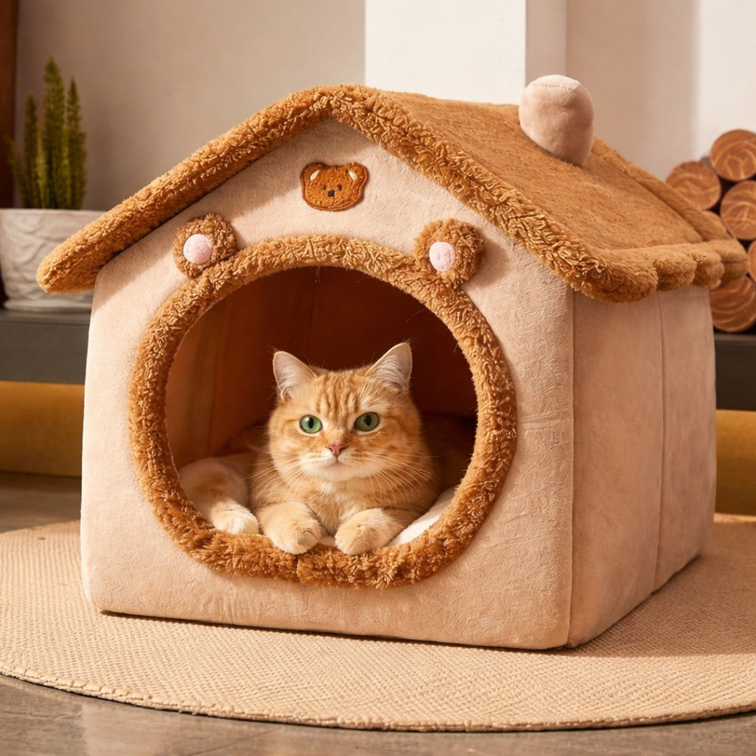 pluche kattenhuisje met kat binnenin zacht huisje voor katten