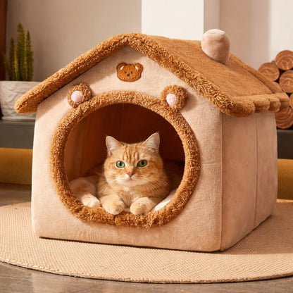 pluche kattenhuisje met kat binnenin zacht huisje voor katten