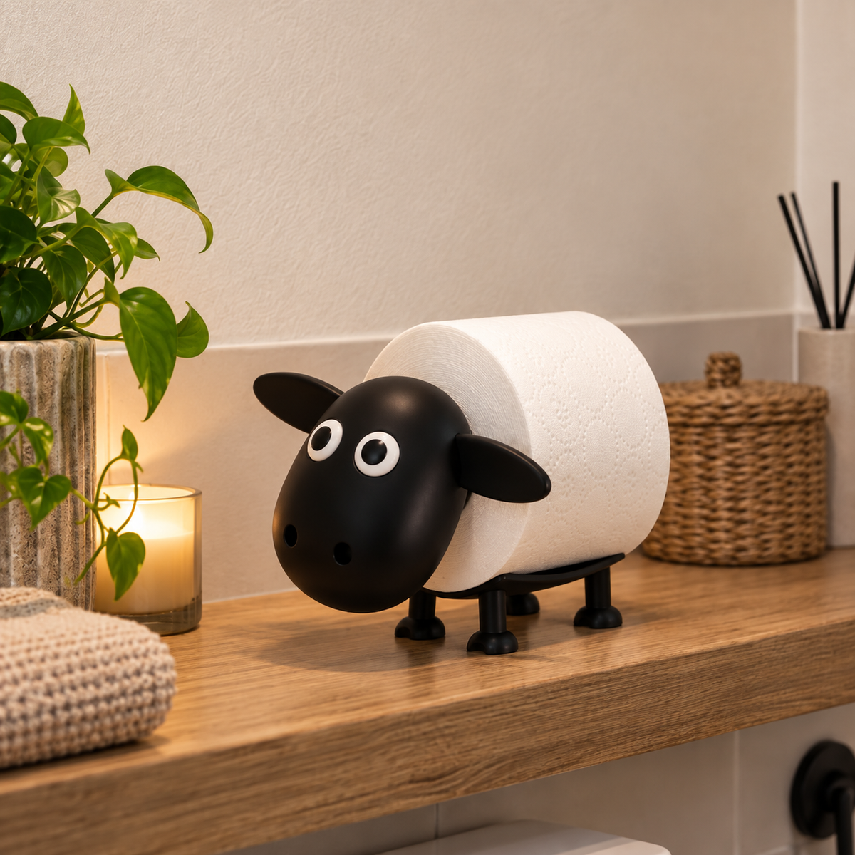 Schaap toiletrolhouder met volle reserverol naast een bijna lege wc-rol.
