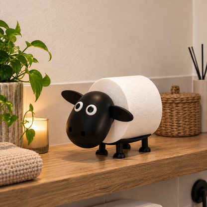 Schaap toiletrolhouder met volle reserverol naast een bijna lege wc-rol.